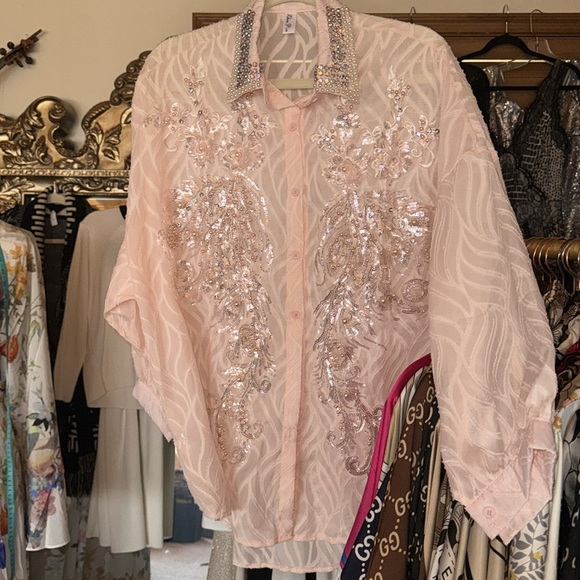 Baby Pink Cotton Soft Button Down Hi Lo Crystal Sequin Adorned Blouse - Picture 2 of 6